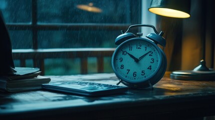Naklejka premium Rainy Night Atmosphere: A Desk Clock Under the Gloom