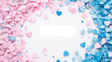 Pink and blue confetti scattered in a circular frame on a white background. Concept: festive gender reveal celebration.