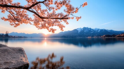 Breathtaking spring morning at West Lake with cherry blossoms and distant mountains reflecting on the water