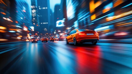 Speeding Car on Vibrant Night City Streets
