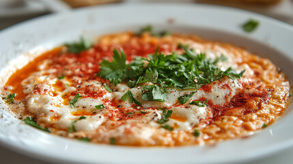 Menemen served on a white plate, garnished with fresh parsley and sprinkled with black pepper