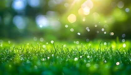 Obraz premium Dewy Grass in Morning Sunlight with Bokeh Effect, Natural Green Blades, Glimmering Droplets, and Soft Focus Background for Serenity and Freshness
