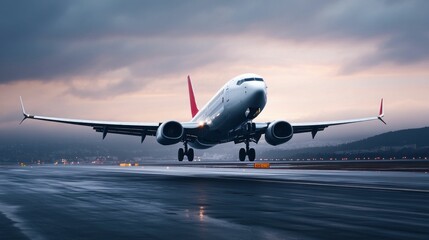 Fototapeta premium Commercial Airplane Landing on Runway at Dusk