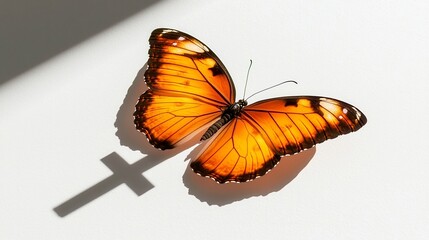 Obraz premium Butterfly Silhouette with Cross Shadow, a striking visual merging the delicate beauty of a butterfly with a profound religious symbol, evoking themes of transformation and faith.
