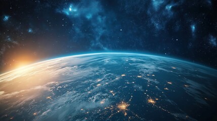 This breathtaking view captures Earth from space, showcasing the blue oceans, cloud patterns, and glowing city lights as the sun rises on the horizon in a serene atmosphere