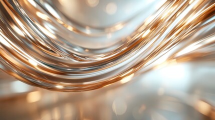 The image shows copper pipes with a flowing, elegant form, capturing dynamic movement with reflections creating a warm, abstract visual appeal.