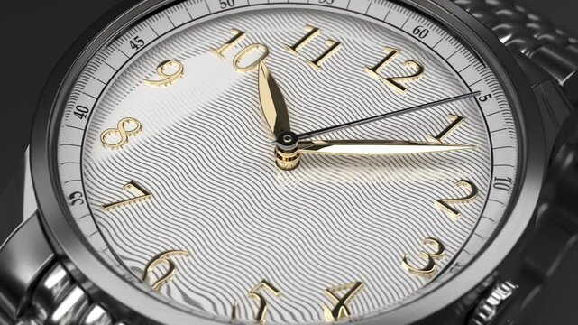 Close-up of realistic wristwatch with bracelet. Movement of second hand on round guilloche dial with gold numerals and hands. 3d animation