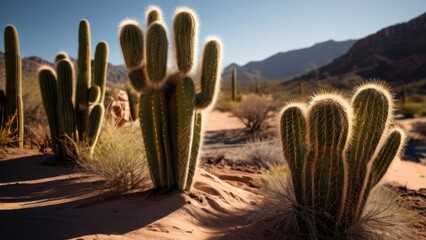 Detailed View of a Serene Desert Landscape Highlighting Cacti Against Majestic Mountains