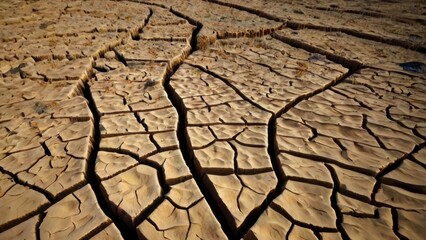 Close-Up Perspective on the Harsh, Cracked Surface of Sun-Baked Dry Earth