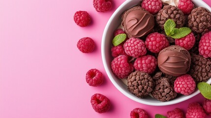 bowl filled with chocolate ice cream scoops and fresh raspberries sits on a pink surface. Mint leaves add a refreshing touch, enhancing the desserts visual appeal and flavor