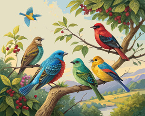 various colorful birds on the tree branch