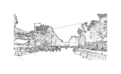 Fototapeta premium Building view with landmark of Varanasi is the city in India. Hand drawn sketch illustration in vector.