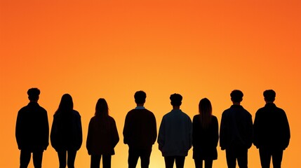 Eight individuals stand silhouetted against a stunning sunset, enjoying a peaceful moment together. warm colors of the sky create a beautiful backdrop for this gathering