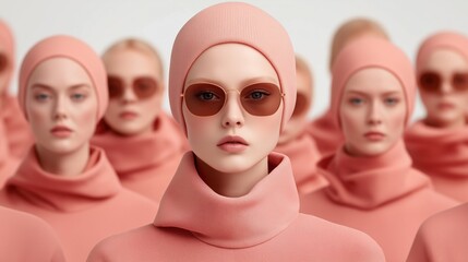 group of models dressed in matching pastel outfits and sunglasses stand in formation, highlighting a sleek and modern aesthetic. setting emphasizes a fashion-forward theme