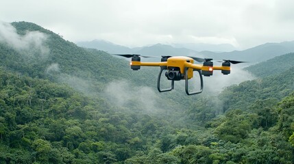 Fototapeta premium forestry industry concept. A drone flying over lush green mountains under a cloudy sky.