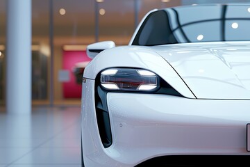 Freshly launched electric car on display, sleek curves and cutting-edge design illuminated in a showroom under bright lights