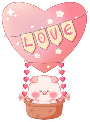 Cute Chubby Pig in a Heart-Shaped Hot Air Balloon with “Love” Banner