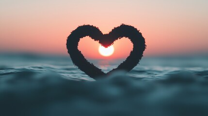 Fototapeta premium Heart-shaped silhouette at sunset over tranquil waters, symbolizing love and serenity.
