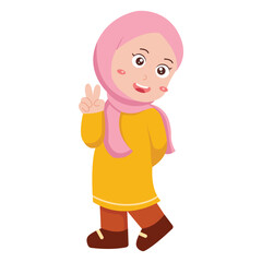 Cheerful Cartoon Girl with Peace Sign