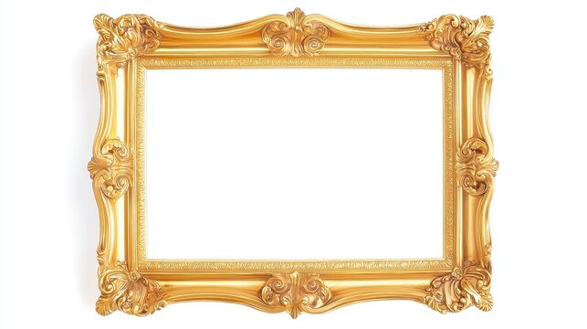 Elegant golden rectangle frame, isolated on clear background, opulent gold border design ideal for invitations, postcards, versatile cut-out element for creative projects