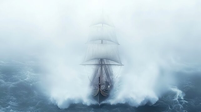 Tempestuous Voyage, a classic sailing ship battles towering waves and fierce winds, showcasing the struggle of man against nature's raw power in tumultuous seas.