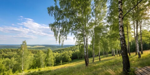 Fresh green birch trees (Betulaceae ) with blue sky. Forest summer sprig nature landscape background banner wide panoramic panorama
