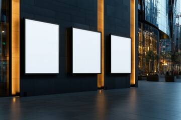 Blank wall signs illuminated at night on a modern building in a trendy neighborhood