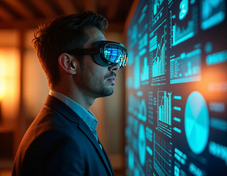 a businessman wearing a virtual reality glasses looking at a digital display with graphs and business data - Powered by Adobe