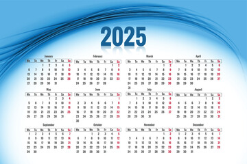 2025 english calendar template with creative blue wave background
