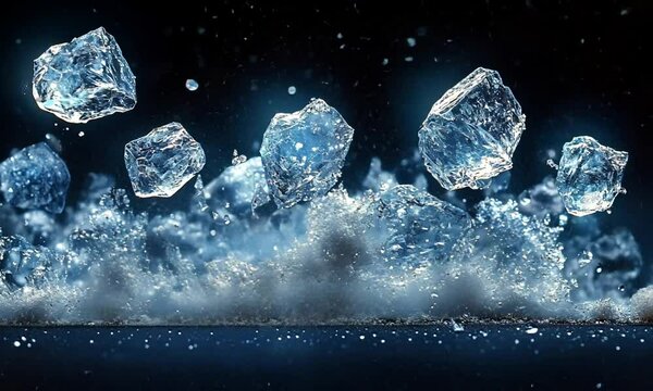 Ice cubes splashing in water, creating dynamic visual effects.