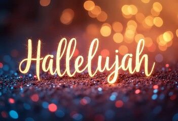 Hallelujah calligraphic lettering on colorful bokeh glitter festive sparkles background