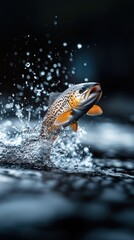 Fototapeta premium Beautiful fish leaps joyfully out of a river, creating splashes under natural light during a bright day