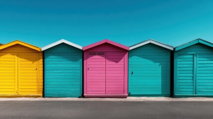 An eye-catching array of vividly colored beach huts stands proudly beneath a clear sky, symbolizing joy and carefree summer spirits in a lively beach environment.