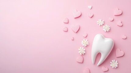 White Tooth with Pink Hearts on Romantic Pink Background for Dental Care Themes