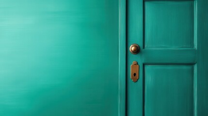 Obraz premium An elegant teal door with a beautiful brass handle and lock design, highlighted by rich wood texture, providing a classic yet modern architectural element.