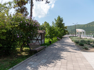 Abrau Durso, Russia 28 August 2024: Picturesque view of embankment of lake Abrau on sunny day in Abrau Durso