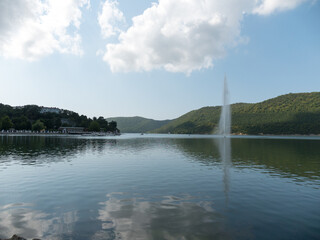 Abrau Durso, Russia 28 August 2024: Picturesque view of embankment of lake Abrau on sunny day in Abrau Durso