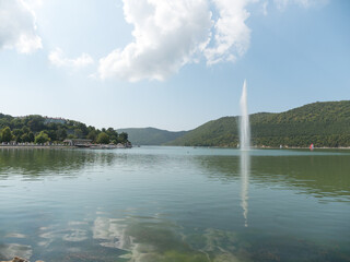 Abrau Durso, Russia 28 August 2024: Picturesque view of embankment of lake Abrau on sunny day in Abrau Durso