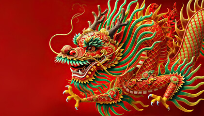 Fototapeta premium Chinese New Year Dragon Dance Festive Dragon On Empty Red Background 