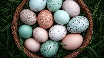 The image displays a collection of pastel-colored eggs gently placed in a woven basket, resting on grass. The scene evokes a sense of nature and renewal.