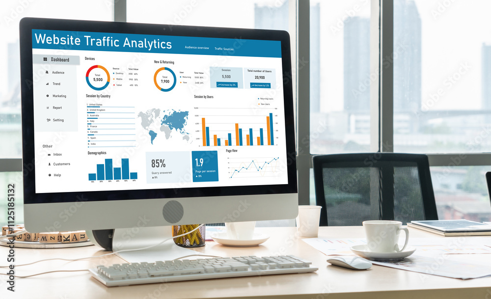 Poster computer software for website traffic analytics data on computer screen. concept of seo search engin