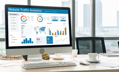 Computer software for website traffic analytics data on computer screen. Concept of SEO search...