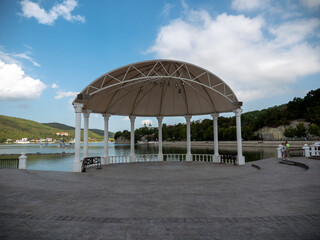 Abrau Durso, Russia 28 August 2024: Picturesque view of embankment of lake Abrau on sunny day in Abrau Durso