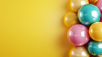 A group of shiny, colorful balloons in various sizes clustered together on the right, set against a...