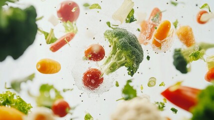 Fresh vegetables in motion: broccoli, tomatoes, and carrots in midair explosion.