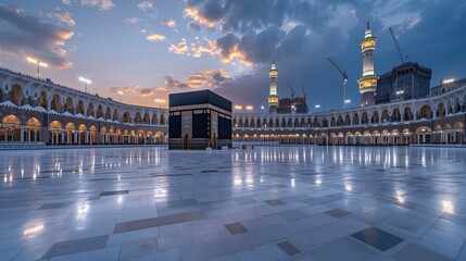 Naklejka premium The Kaaba in Mecca, captured in soft evening light, with the surrounding area empty, emphasizing its solitude and grandeur.