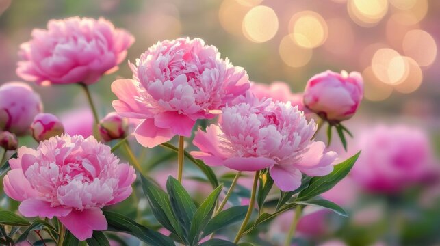 Delicate soft pink peonies bloom vibrantly under the gentle sunlight, marking a celebratory atmosphere for International Women's Day