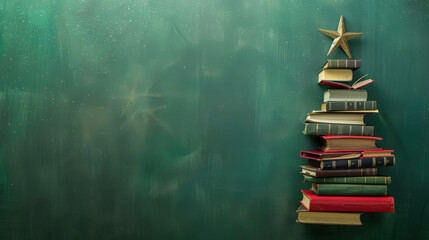 christmas tree made out of books on green background