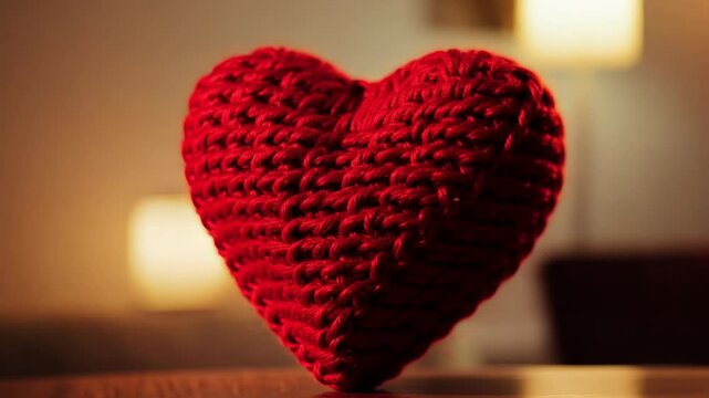 Crocheted heart on wooden table in cozy room ambiance