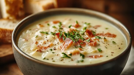 A traditional creamy potato soup, rich with flavor and topped with fresh herbs and crispy bacon, makes for a comforting and delicious meal choice.